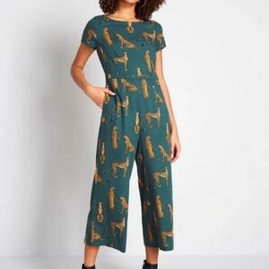 ModCloth Green Linen Jumpsuit with Cheetah Print
